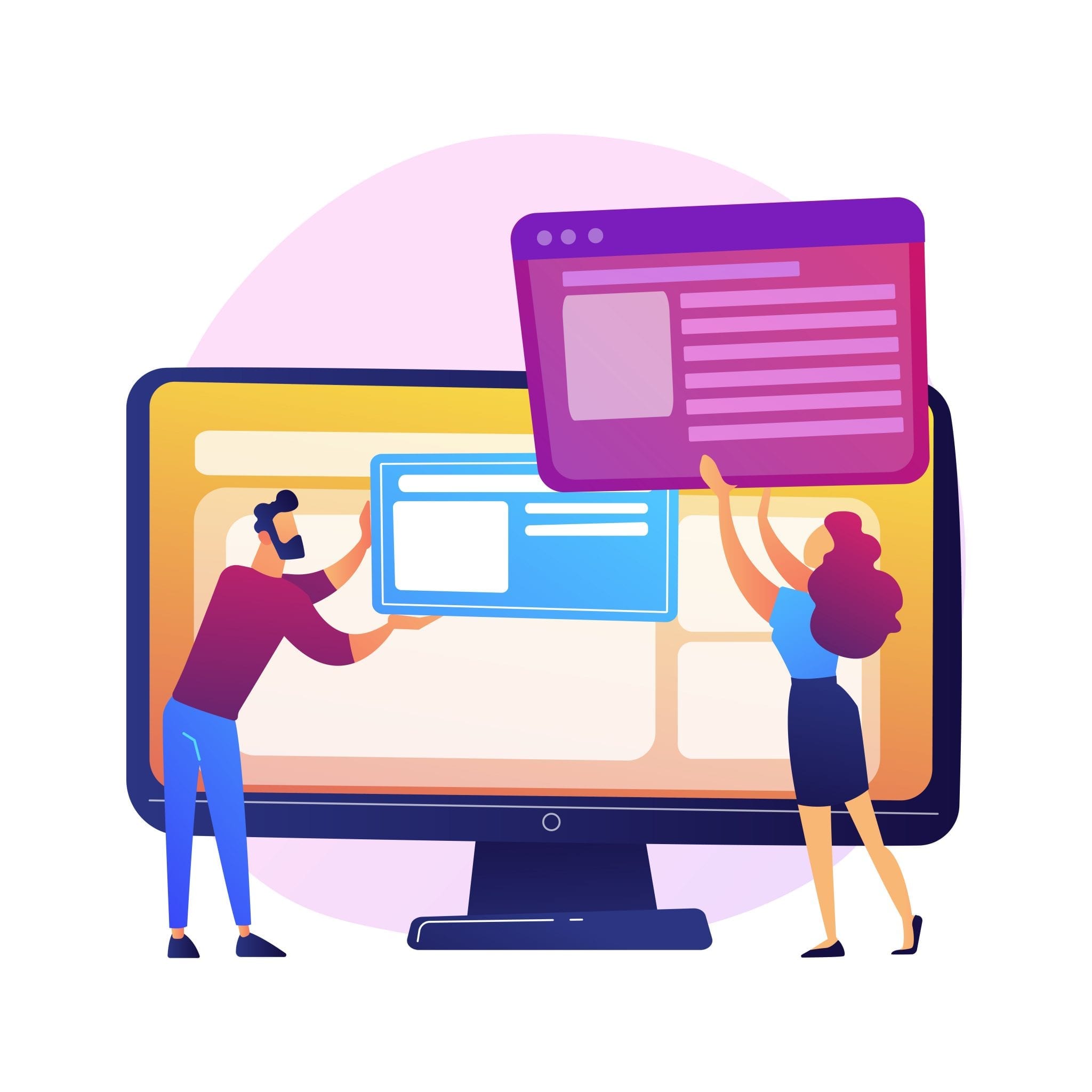 two small cartoon web designers placing conten on large computer screen