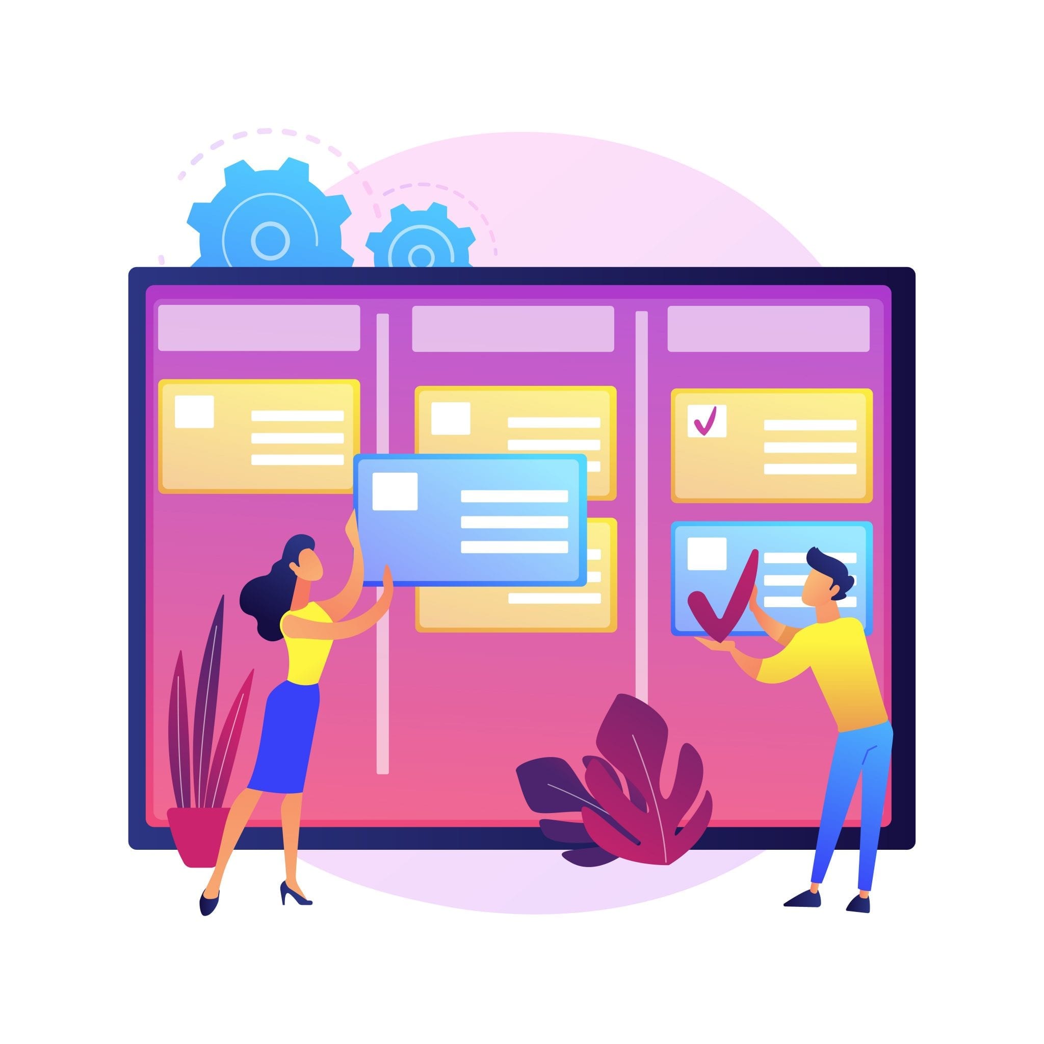 Large screen with task management lists. One small cartoon person adding a new task. Another placing checkmark on existing task representing progress tracking of the dedicated development project for new website.