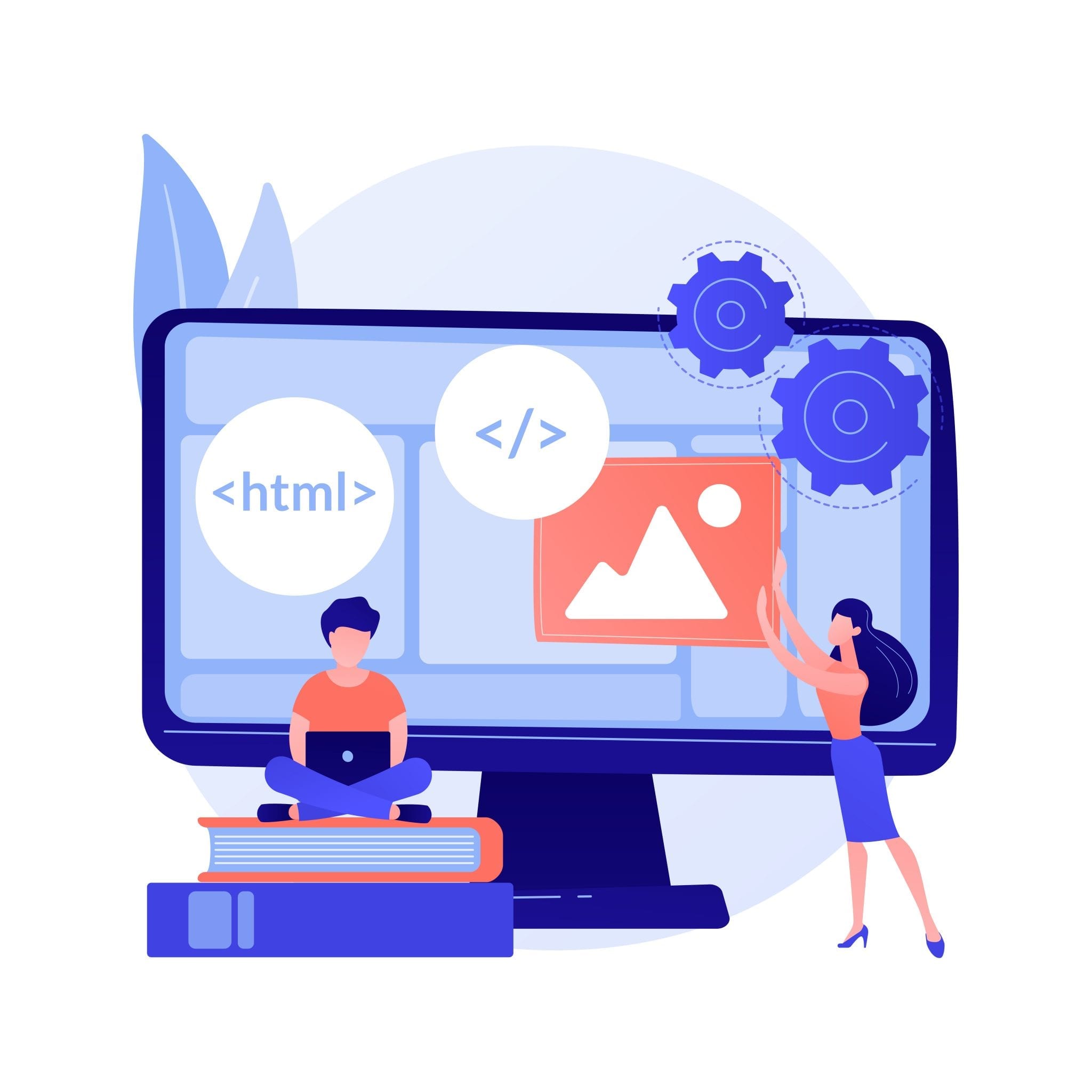 Small cartoon web developers working on dedicated development of a website. One sitting on top of books for research. Another placing images on big computer screen for web design. Gears, and HTML code and delimiting icons are also on screen