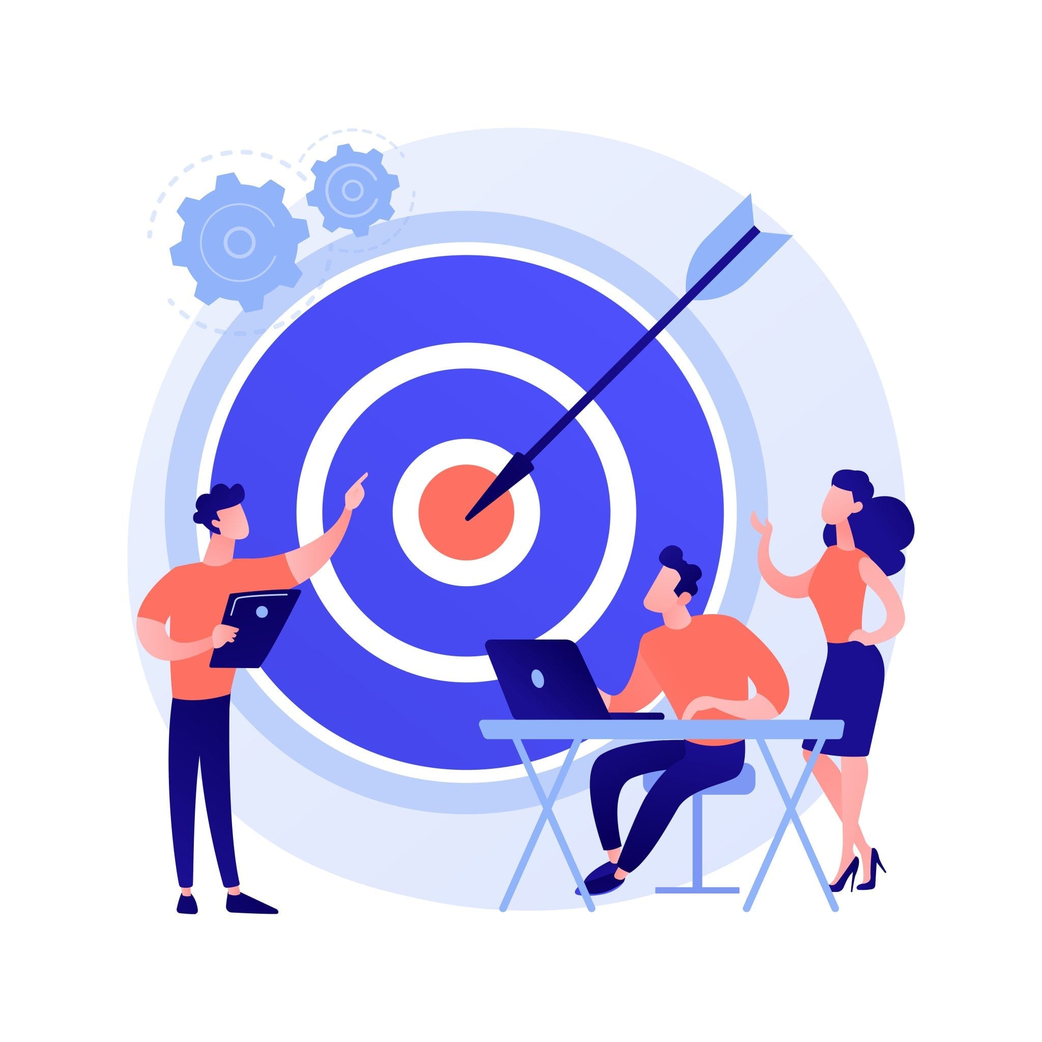 One person standing holding tablet pointing to centre of bullseye with arrow sticking in centre of goal. Another sitting at desk with open laptop and a thrid standing behind them raising hand to organic SEO target