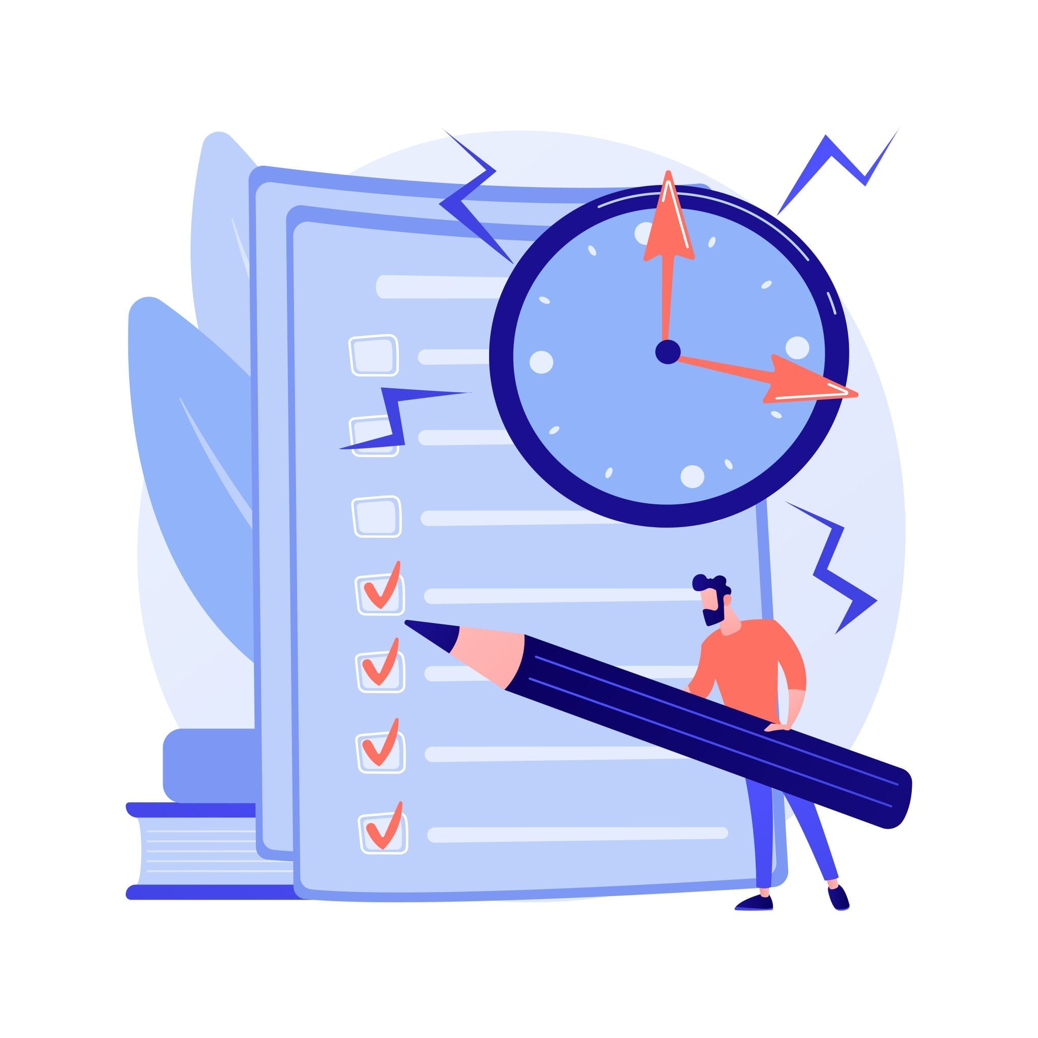 Small cartoon person holding giant pencil checking off and adding website development tasks to large list. Clock above the person