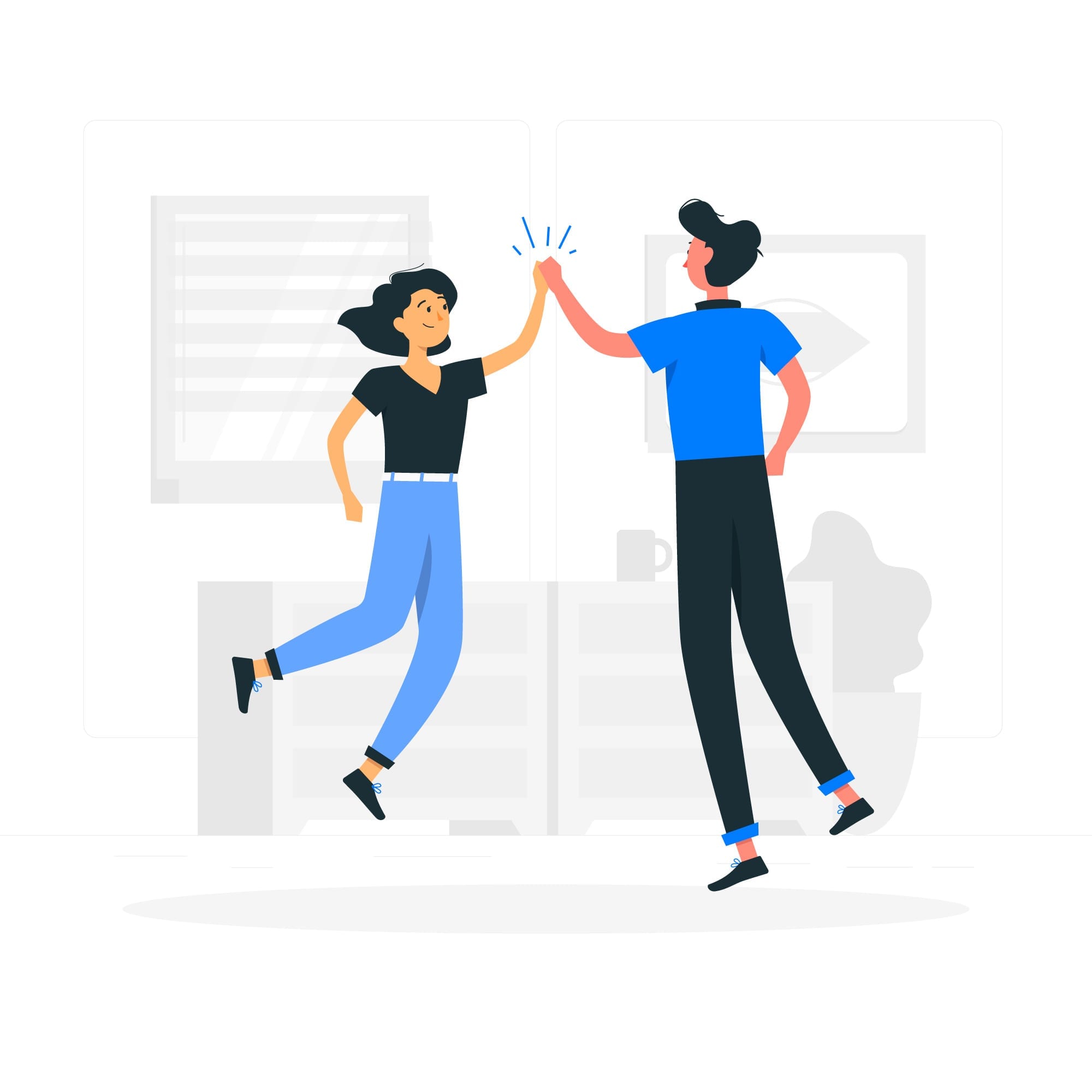 Two people jumping in the air, high-fiving. No contracts, commitments or cancellation fees.