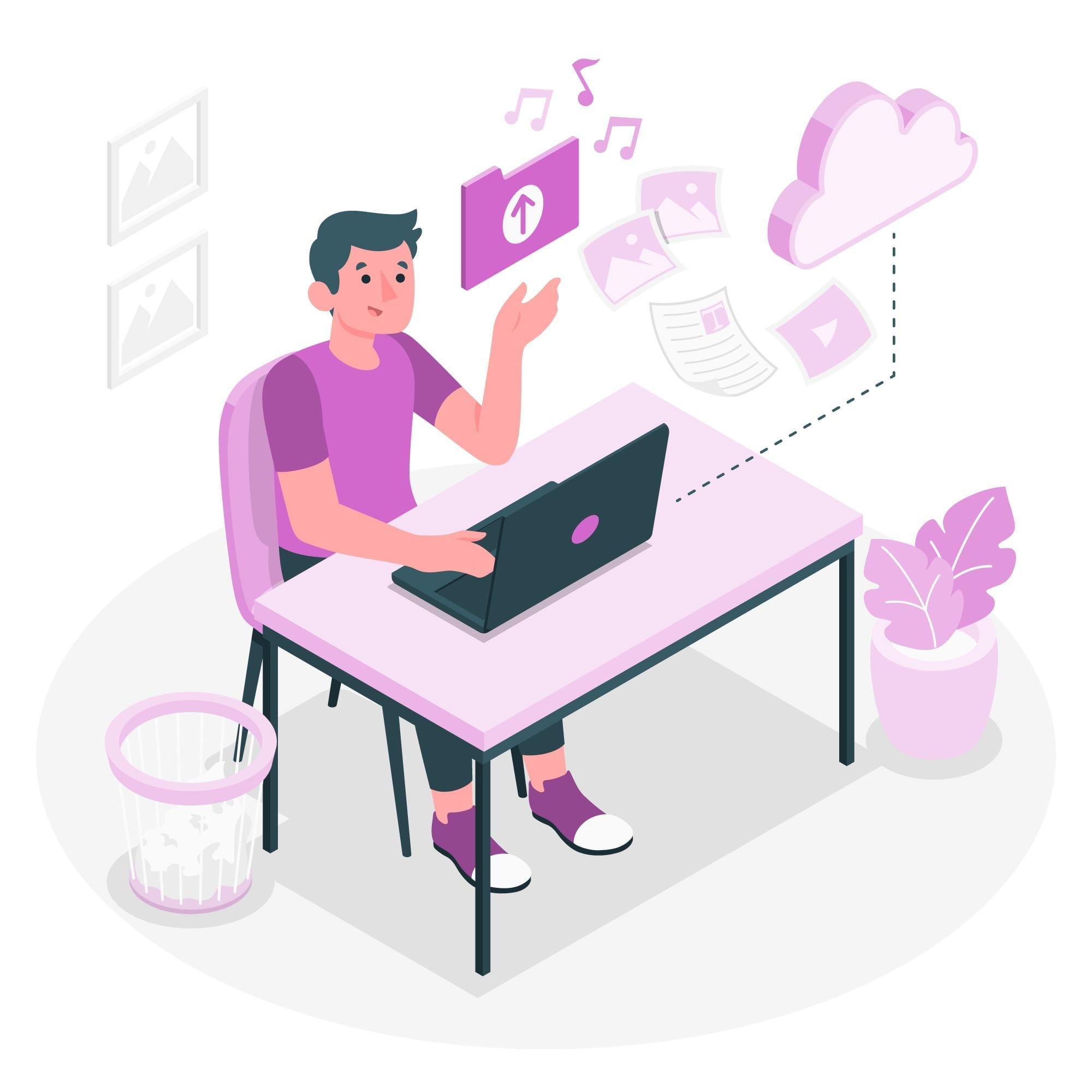 Cartoon person sitting at a desk with laptop. Above his head are icons of folders, data, music, images, and content. A dotted line connecting laptop to a cloud symbolizes sharing files and design assets for easier web design collaboration