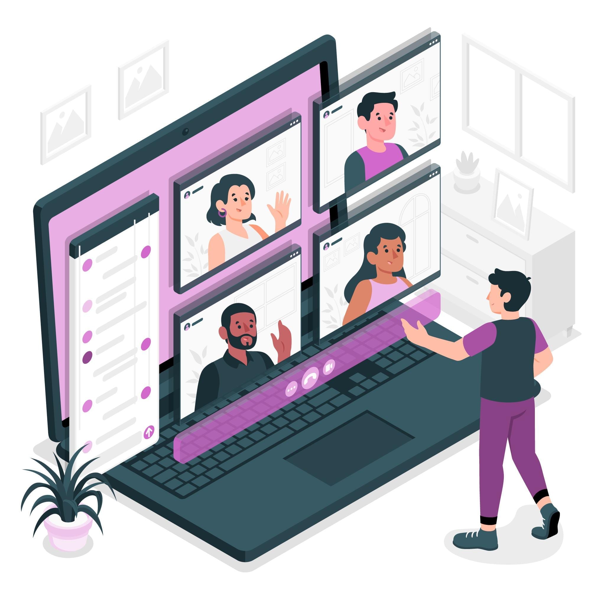 Small cartoon person standing in front of large laptop leading a weekly project review. On the screen are 4 smaller screens each with a different cartoon person. Beside those is a list of task representing the progress of the dedicated web development project.