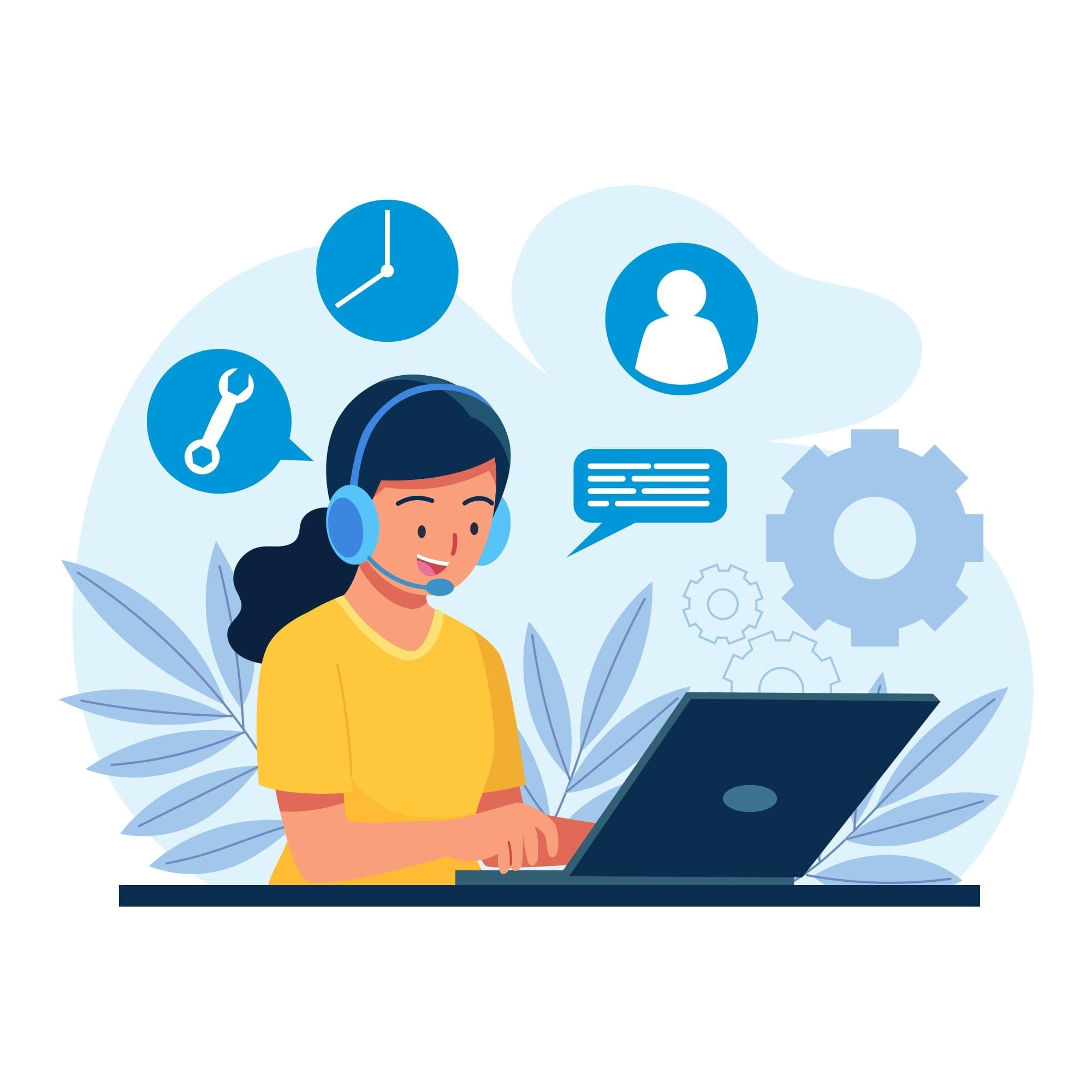 Employee sitting in front of laptop wearing headset with bubble above her head representing tools, time, people, words providing support and explanation of organic Dedicated SEO strategy