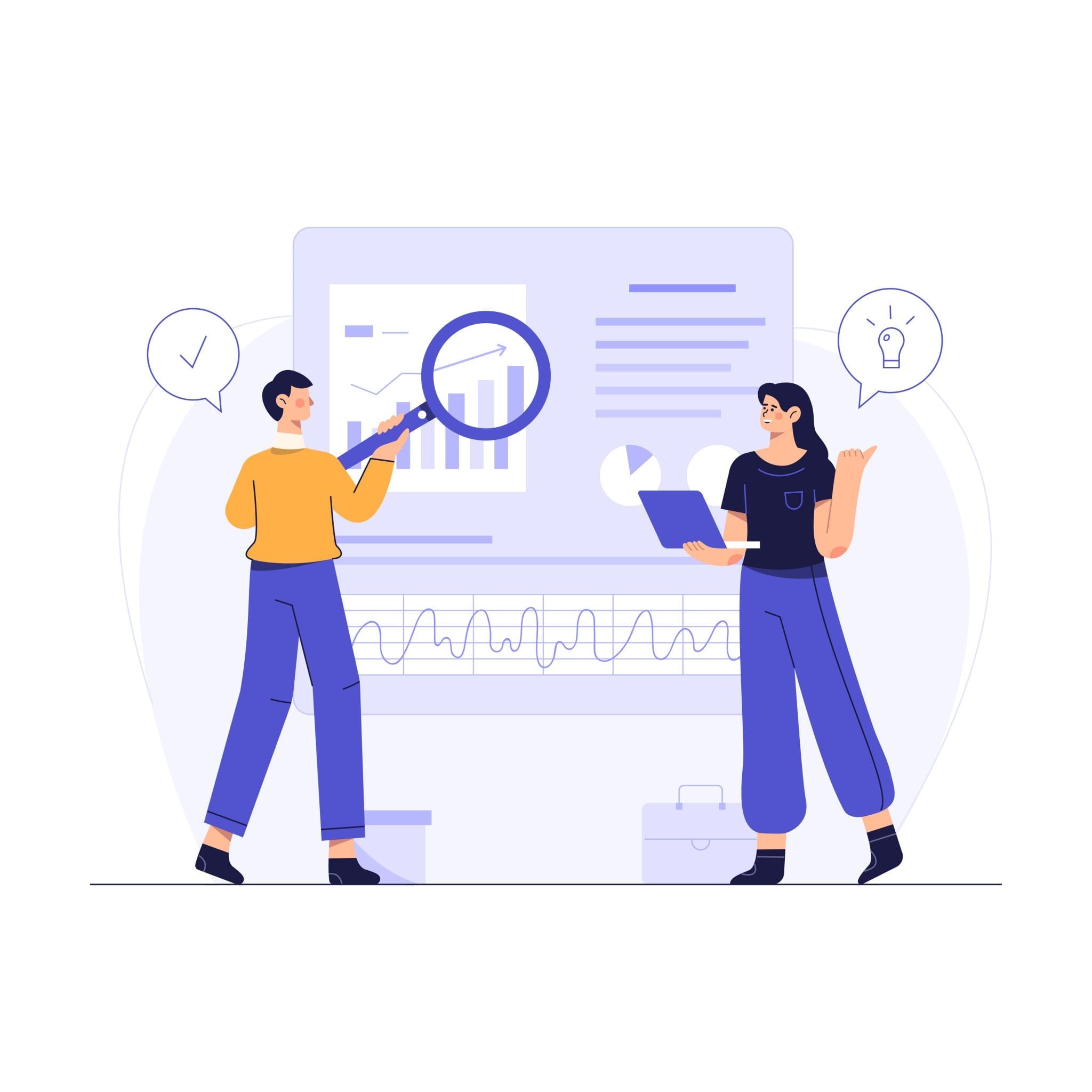 one person holding magnifying glass over Dedicated SEO report with checkmark in conversation bubble. another stanidn in front of report holding laptop and light bulb in conversation bubble