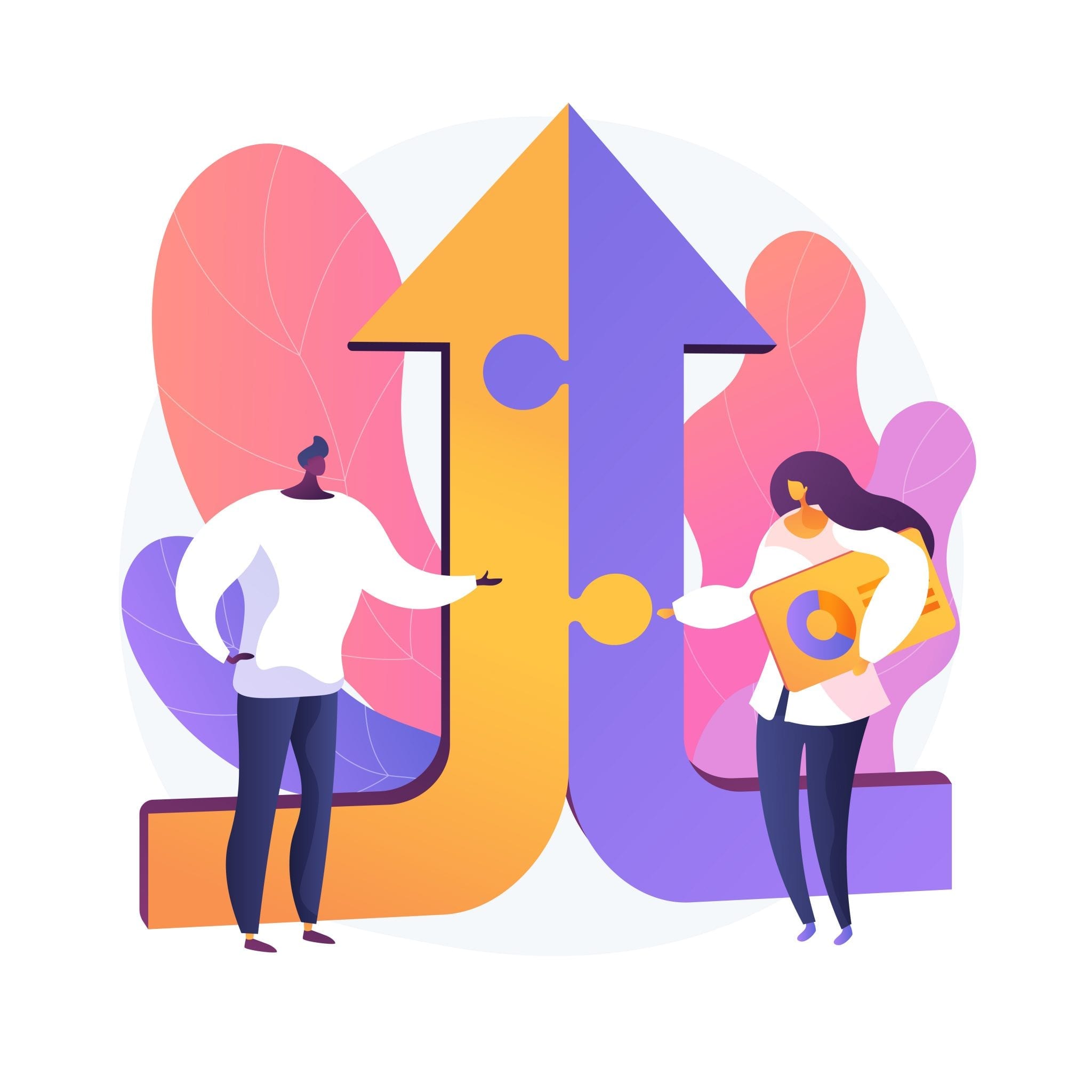 to people standing in front of arrows that join as one pointing up representing collaboration for success. One person is holding SEO report. Other is reaching out to shake hands