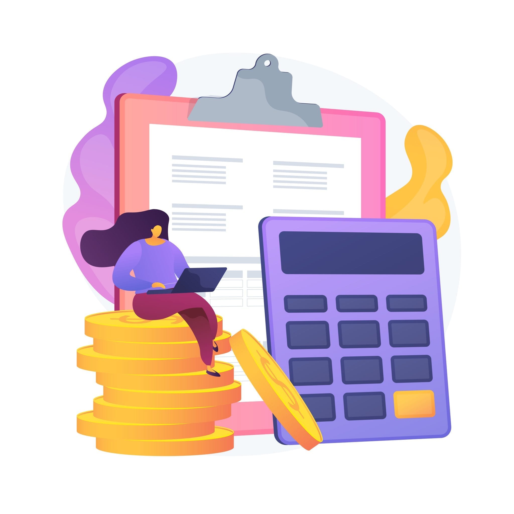 Small cartoon client sitting on large stack of coins beside large calculator in front of large clipboard of tasks. Client reviewing budget on laptop to make decisions