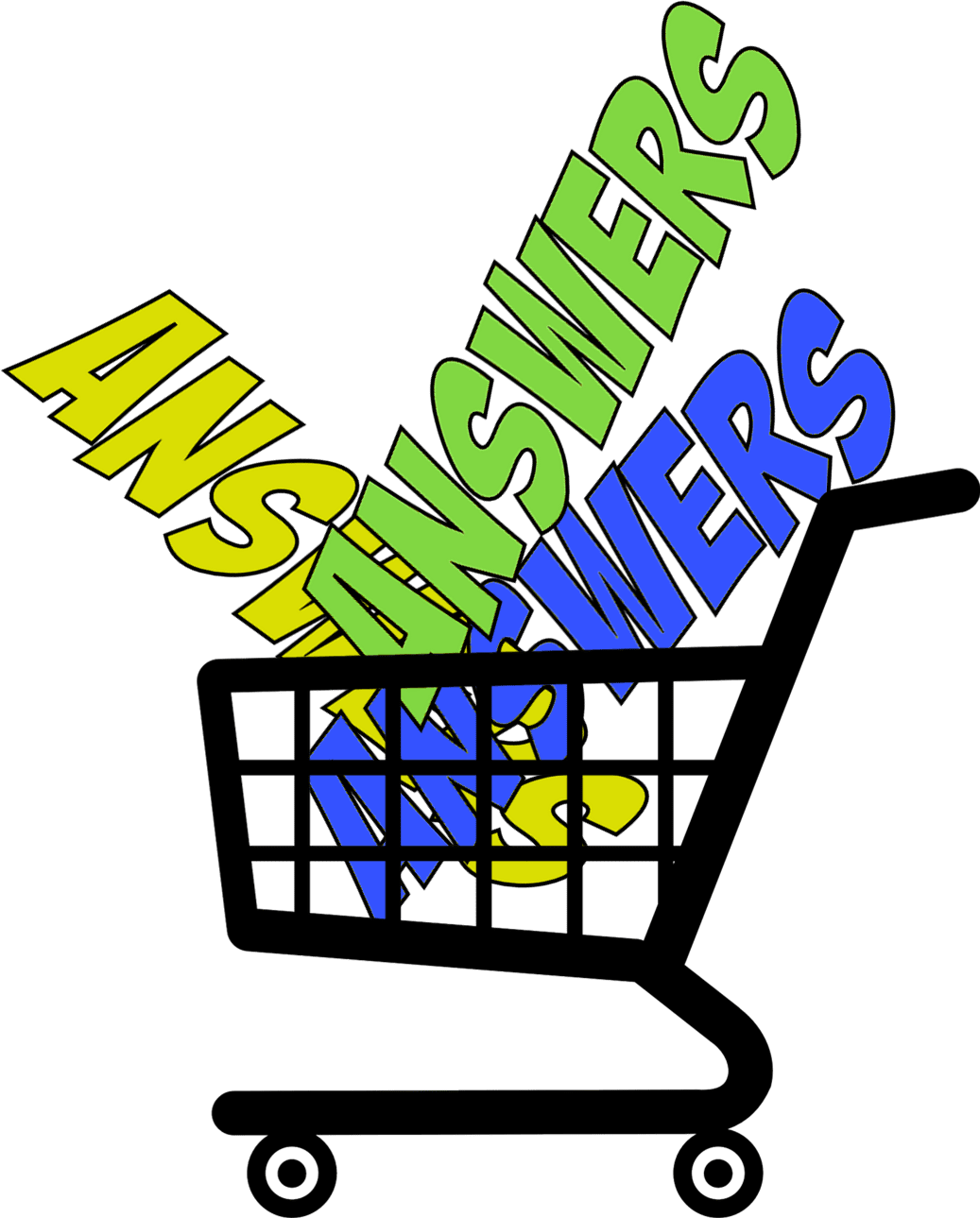 Shopping cart filled with the word “answers” in the 3 PressHero colours