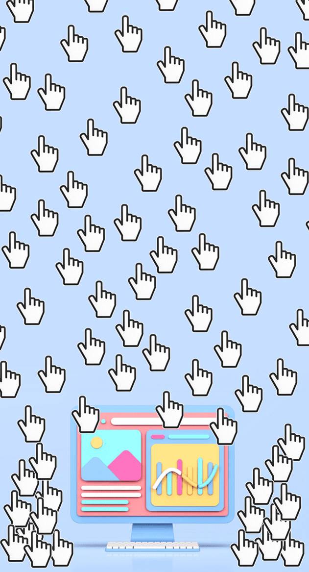illustration of website overwhelmed with clicks raining down on it