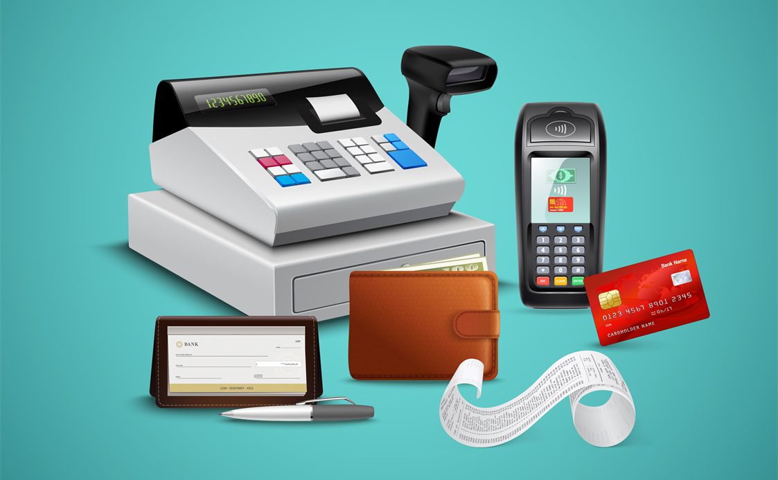 graphic representation of cash register, barcode scanner, POS payment processer, wallet, credit card, chequebook, pen, receipt