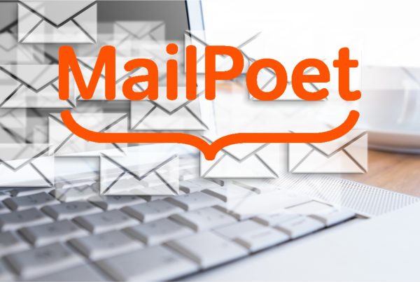 Email marketing symbolized by laptop with many envelopes floating around with MailPoet logo on top
